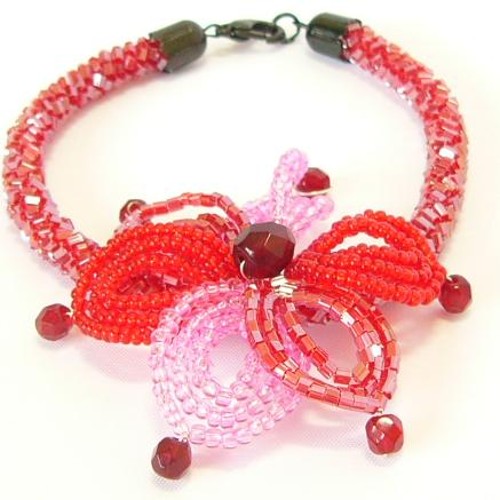 bracelet, purple & red & pink, flower motif