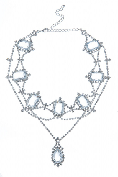 Štrasový náhrdelník s oktagony, stříbrná galvanizace