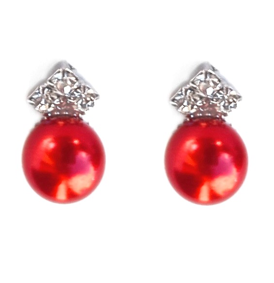 náušnice pecky s červenou perličkou a krystaly
