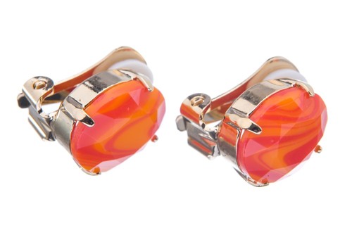 Náušnice klips se speciálním kamenem, oranžovo-červené
