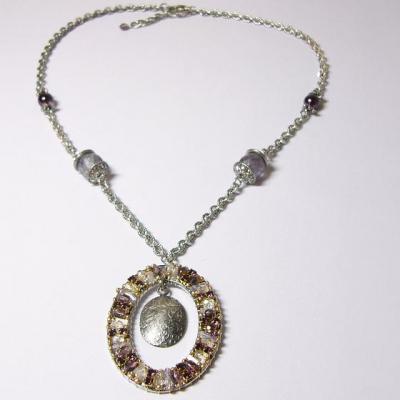 náhrdelník, starostříbrná galvanizace, ametyst/krystal